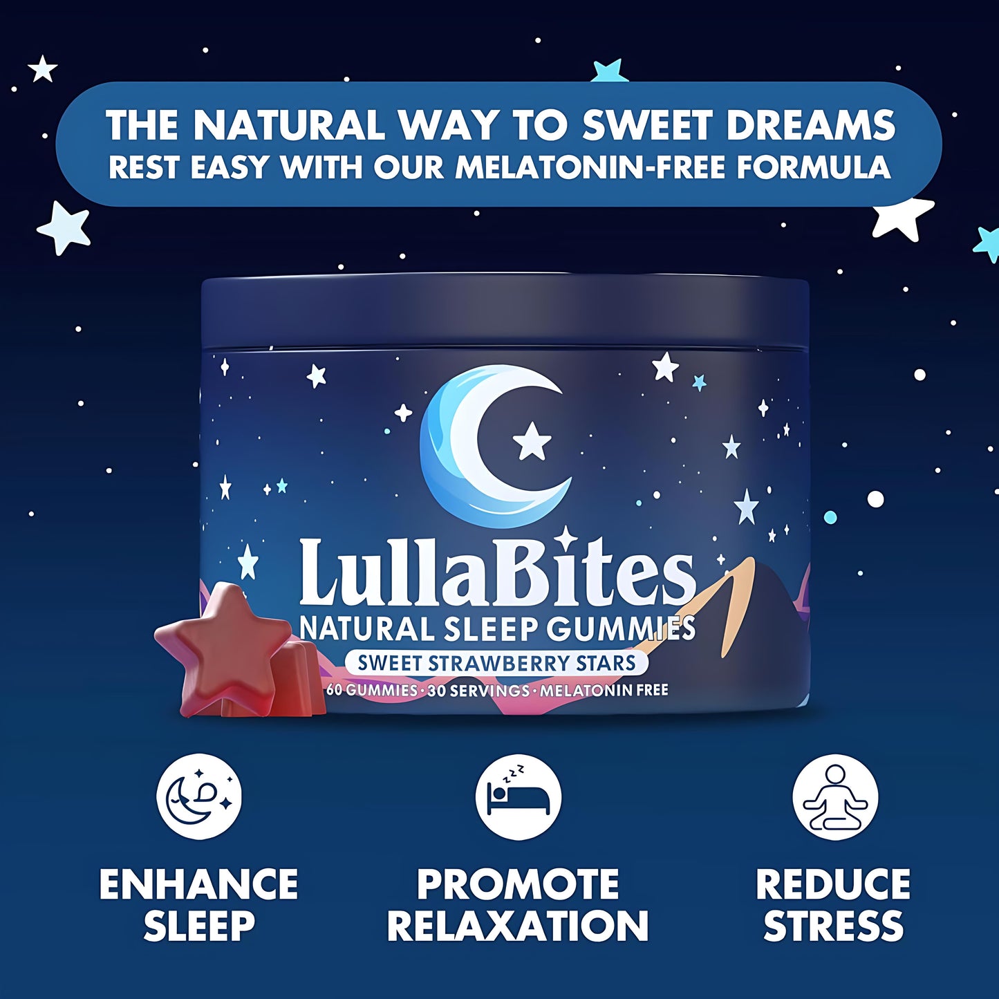 LullaBites - Natural Sleep Gummies - Made in USA - With 5-HTP, L-Theanine, Magnesium & Valerian Root - Melatonin Free - Vegan - Halal - Sugar, Gluten Free - Sweet Strawberry - 60 Gummies - 30 Servings
