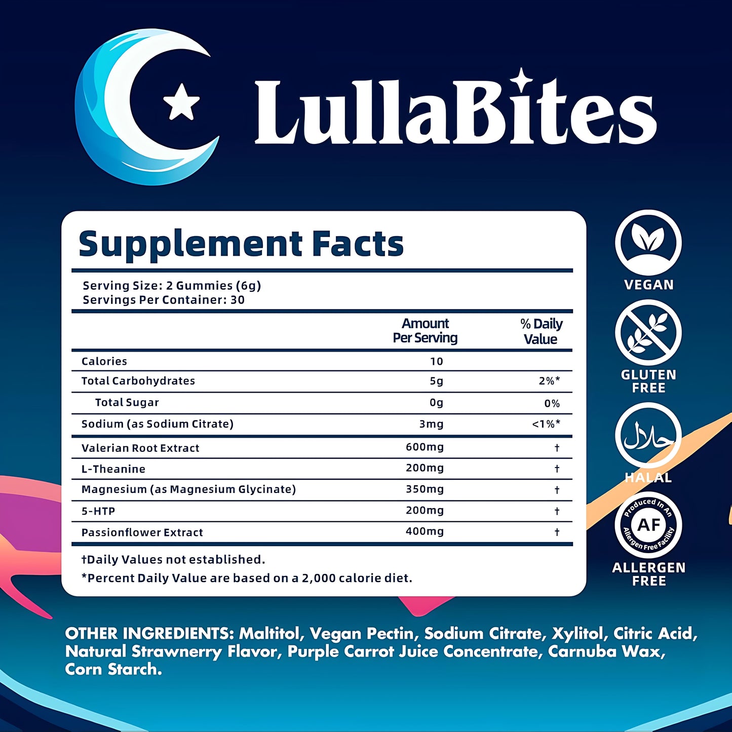 LullaBites - Natural Sleep Gummies - Made in USA - With 5-HTP, L-Theanine, Magnesium & Valerian Root - Melatonin Free - Vegan - Halal - Sugar, Gluten Free - Sweet Strawberry - 60 Gummies - 30 Servings