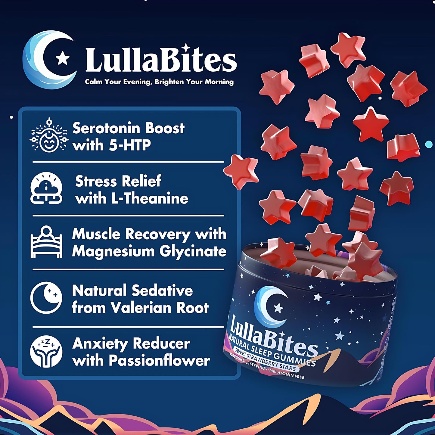 LullaBites - Natural Sleep Gummies - Made in USA - With 5-HTP, L-Theanine, Magnesium & Valerian Root - Melatonin Free - Vegan - Halal - Sugar, Gluten Free - Sweet Strawberry - 60 Gummies - 30 Servings