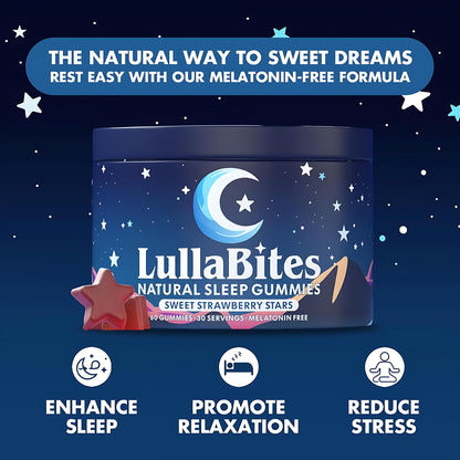 LullaBites - Natural Sleep Gummies - Made in USA - With 5-HTP, L-Theanine, Magnesium & Valerian Root - Melatonin Free - Vegan - Halal - Sugar, Gluten Free - Sweet Strawberry - 60 Gummies - 30 Servings