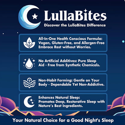 LullaBites - Natural Sleep Gummies - Made in USA - With 5-HTP, L-Theanine, Magnesium & Valerian Root - Melatonin Free - Vegan - Halal - Sugar, Gluten Free - Sweet Strawberry - 60 Gummies - 30 Servings