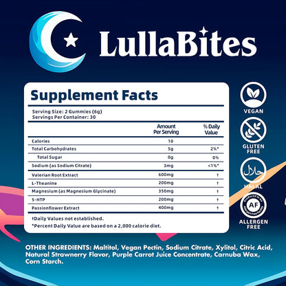 LullaBites - Natural Sleep Gummies - Made in USA - With 5-HTP, L-Theanine, Magnesium & Valerian Root - Melatonin Free - Vegan - Halal - Sugar, Gluten Free - Sweet Strawberry - 60 Gummies - 30 Servings